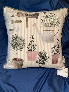 Retreat Garden Embroidered Throw Pillow - Cream with Green and Pink Accents